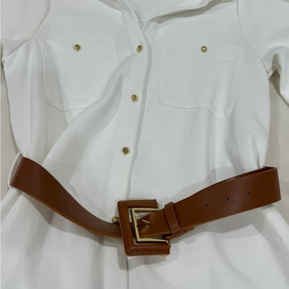 Zara White Belted Gold Button-Down Shirt Dress (Size Small) - Picture 6 of 11